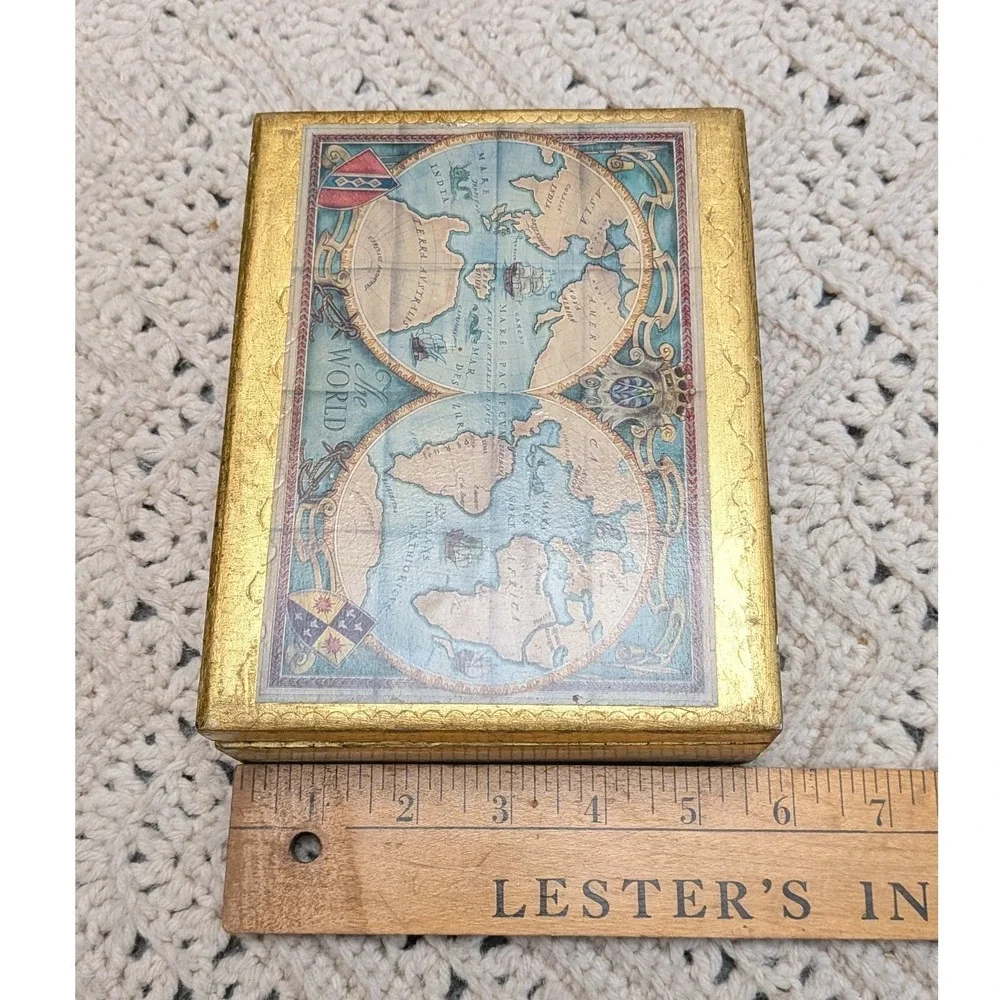 Vintage Italian Gold Leaf Wood Trinket Box World Map Florentine Made in Italy